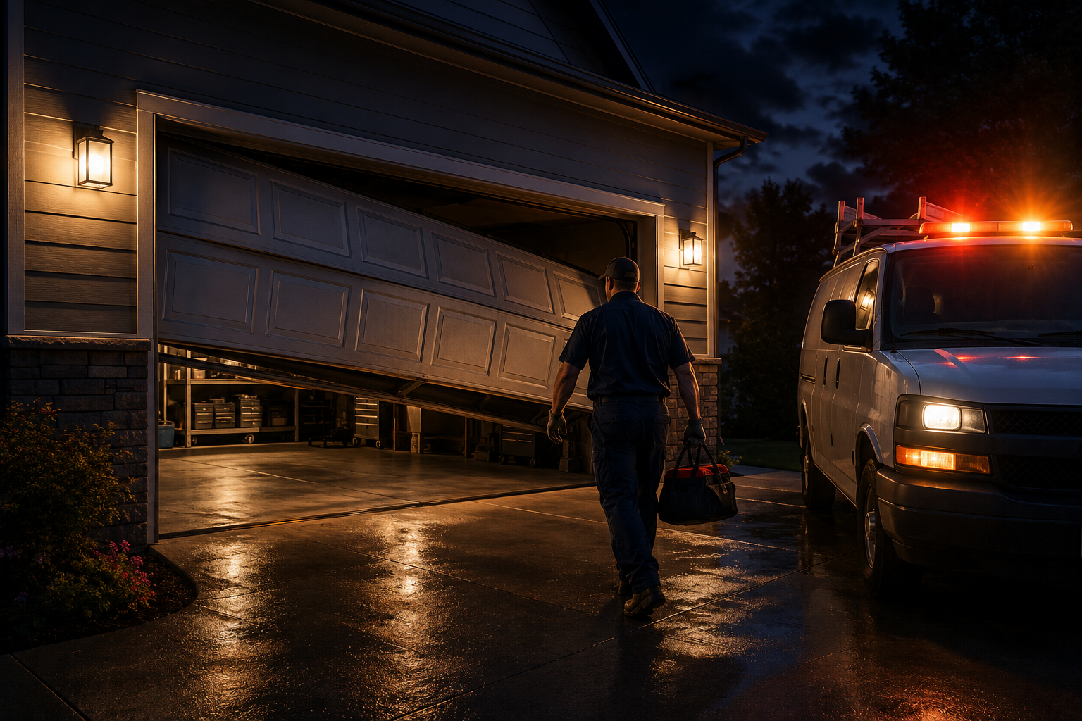 Emergency garage door repair service for a damaged residential garage door in Bellaire TX
