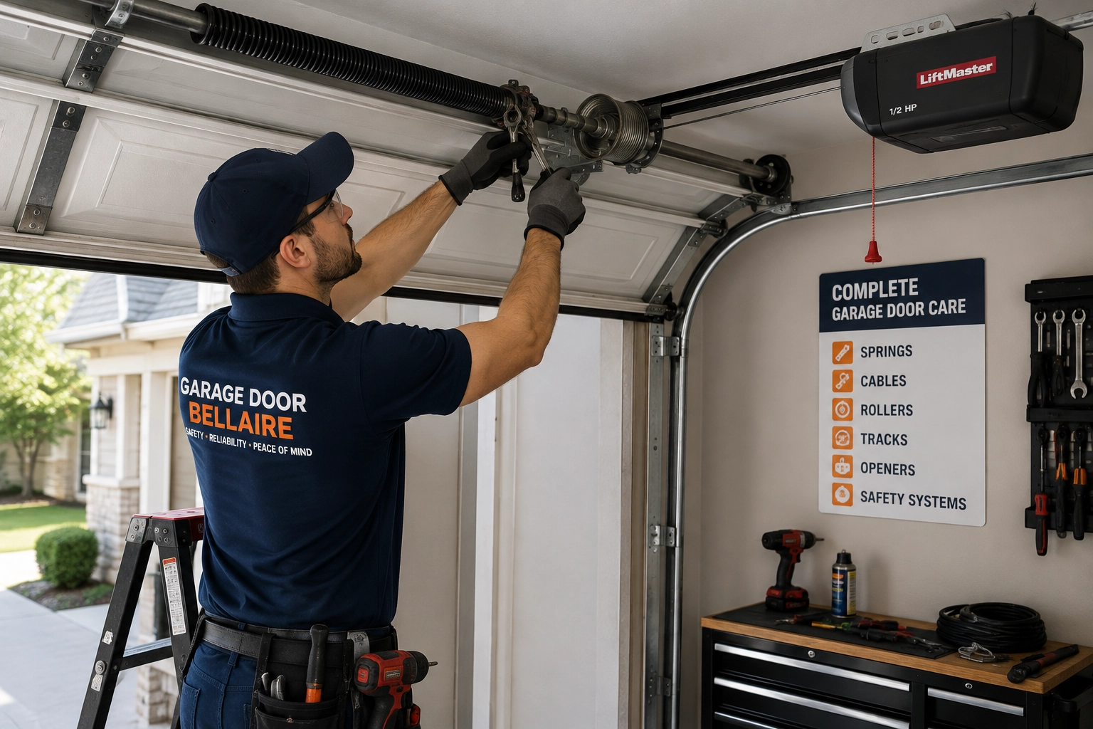 Skilled garage door repairmen inspecting and protecting a residential garage door system
